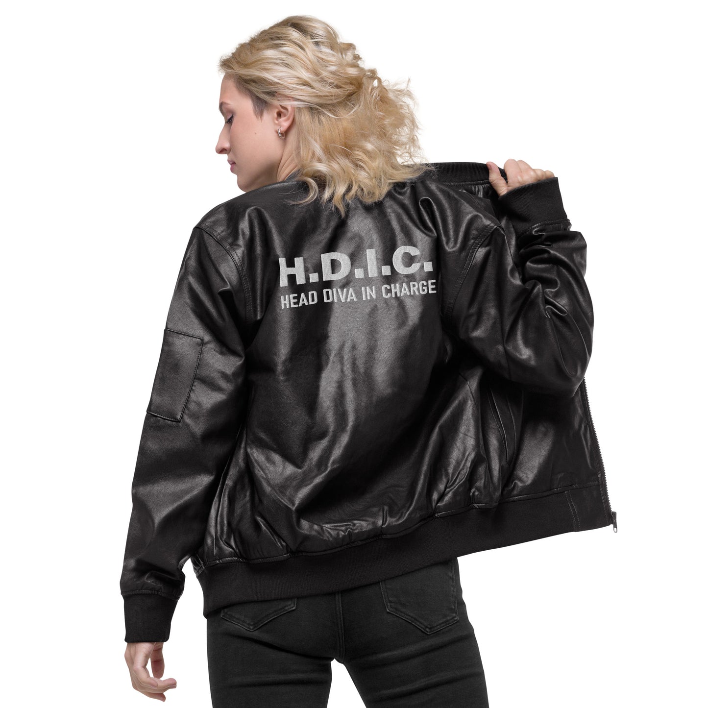 Head In Charge Unisex Leather Bomber Jacket (Black)