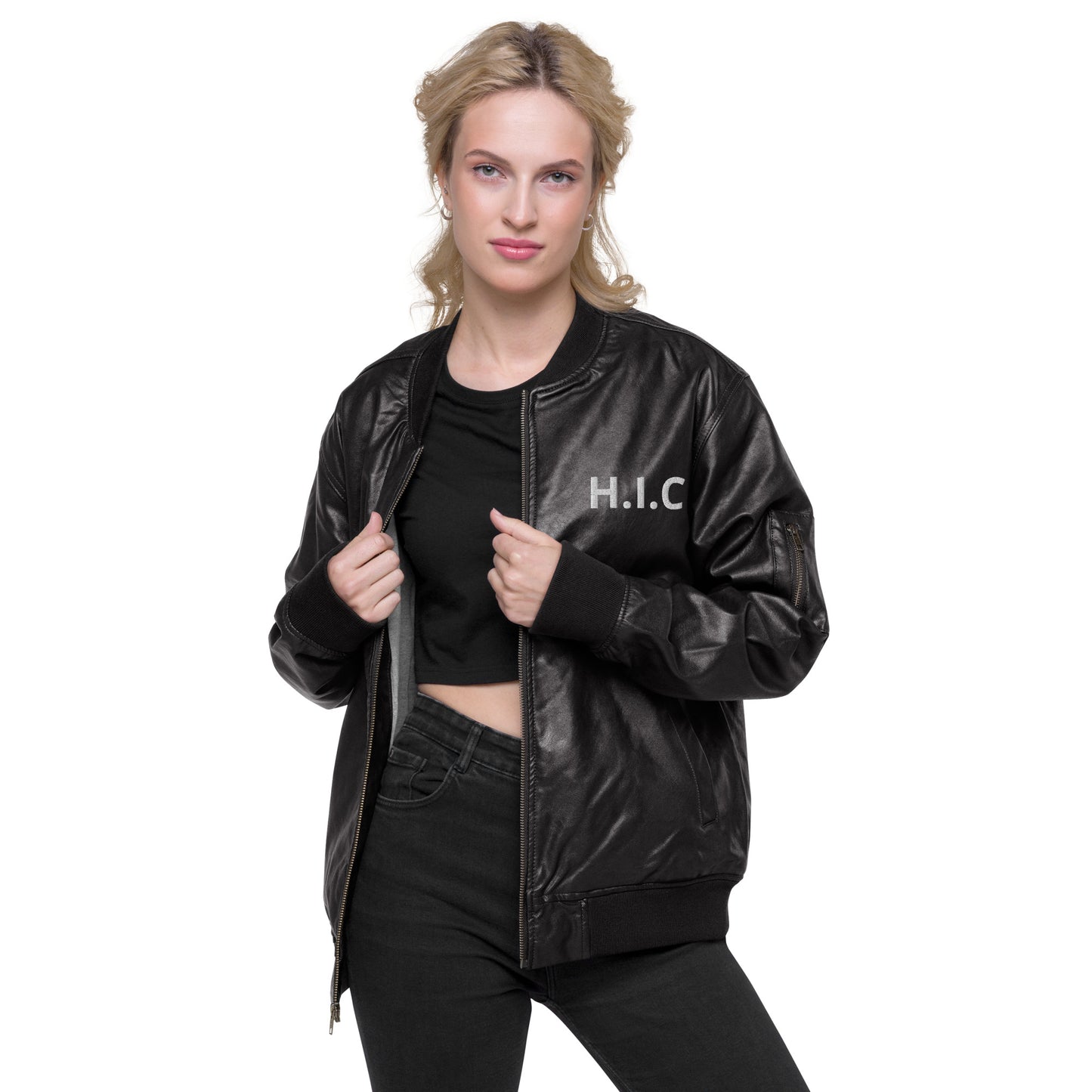 Head In Charge Unisex Leather Bomber Jacket (Black)